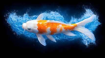 Orange and White Koi Fish Swimming in Blue Water Splash