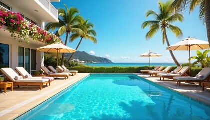Fototapeta premium Sun-drenched hotel poolside, inviting lounge chairs, vibrant flowers, clear blue sky Perfect for summer vacation escapes and travel promotions , water, refreshment, hotel