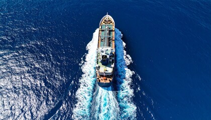High resolution drone photo of a large ship moving on a calm sea, artistic composition from above, vivid blue water