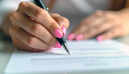 Woman hand with pink nails holds pen above printed contract, ready to sign
