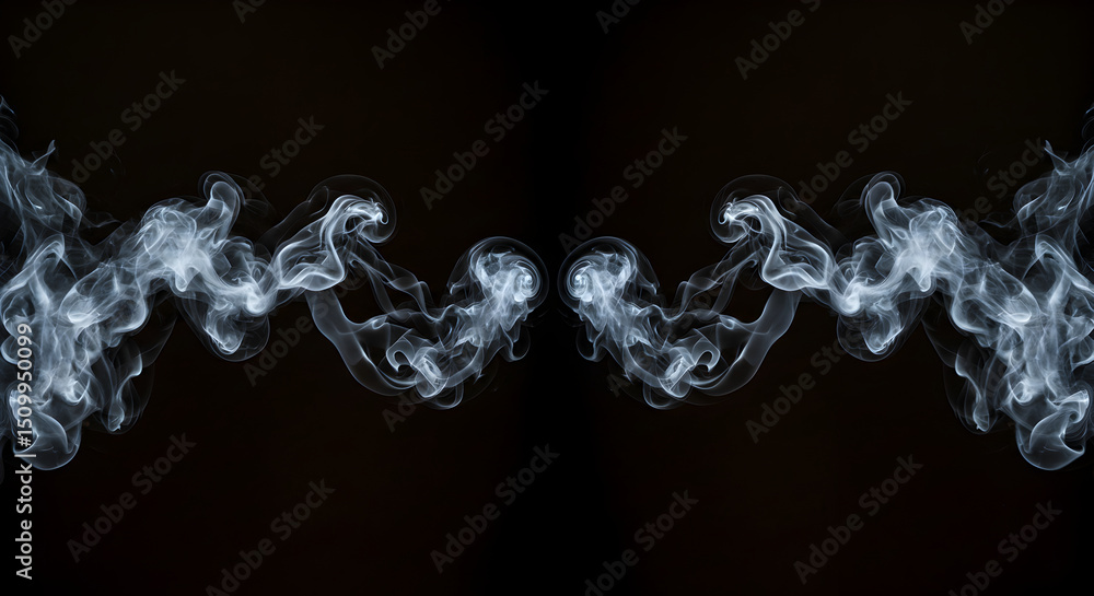 Poster symmetrical smoke streams forming abstract patterns against black backdrop