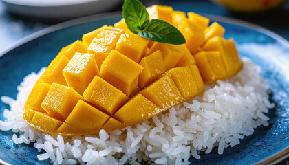 Sweet sticky rice with mango and mint garnish on blue plate