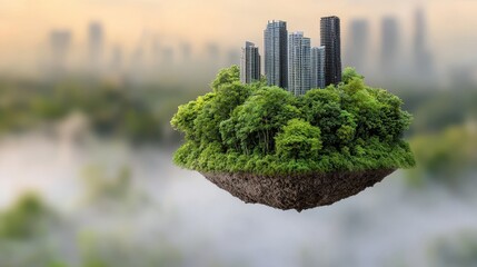 Floating City Island Lush Green Vegetation Above Misty Cityscape