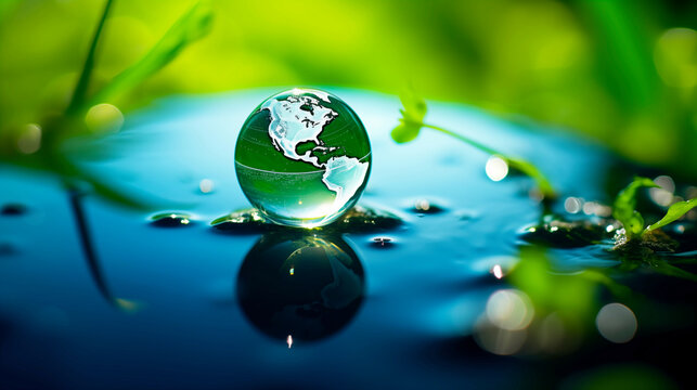 Water day. A pristine water drop on a green leaf reflects the delicate balance of our global environment