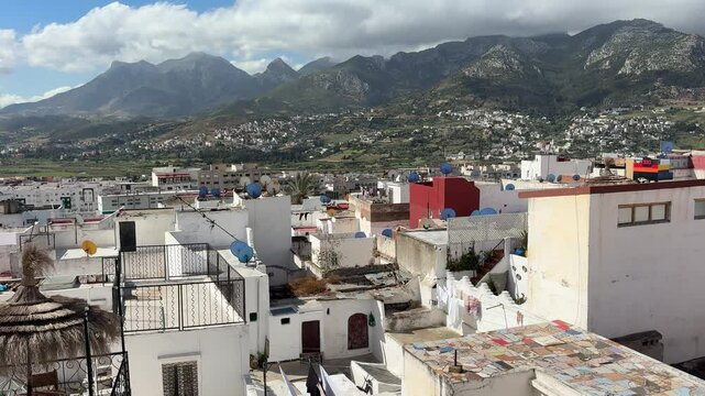 White Moroccan architecture of historical city of Tetuan from a Riad