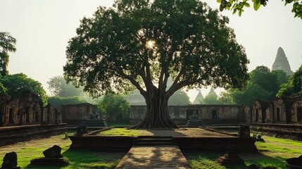 Majestic Ancient Temple Ruins Surrounded by Lush Greenery and a Towering Tree with Sunlight Pouring Through Leaves in a Serene Landscape