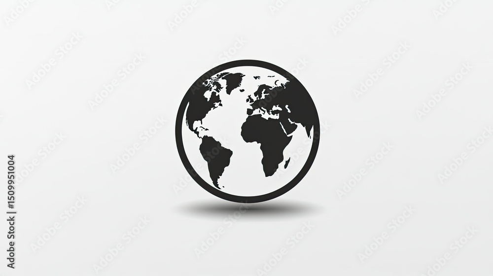 Poster simple black and white globe icon representing earth, emphasizing continents and oceans with minimal