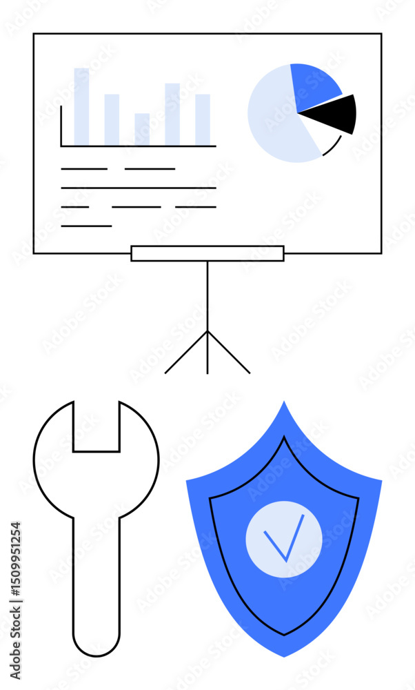 Aufkleber analytics board with charts, a shield with a checkmark, and a wrench. ideal for data analysis, cyber