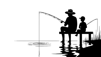 Obraz premium Father and Son Fishing Silhouette at Lakeside
