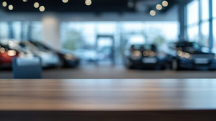 Fototapeta premium Empty tabletop with space for text against background of shop with cars