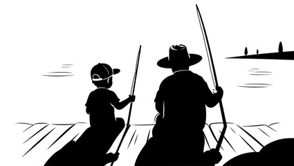 Father and Son Fishing Silhouette at Lakeside