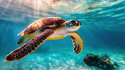 Obraz premium A sea turtle gracefully gliding through crystal-clear waters, sunlight filtering through the surface