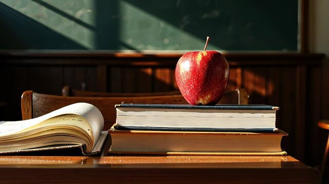 Red apple on stack of books in classroom with sunlight 
