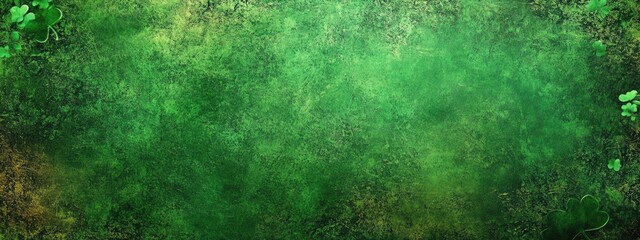 Obraz premium Textured green background with shamrocks at edges, evokes a lush, earthy, mystical feel