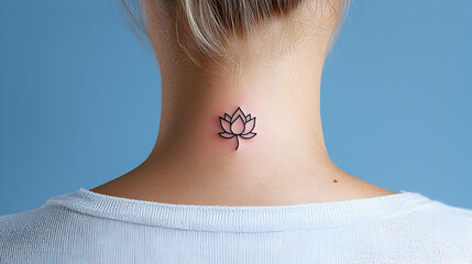 Woman with Small Lotus Tattoo on Her Neck