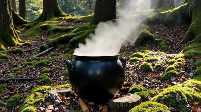 Black cauldron steaming in a mystical forest with mossy ground  