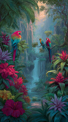 Tropical Jungle Scene with Waterfall and Colorful Birds