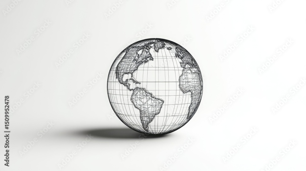 Poster 3d wireframe model of earth globe with grid lines and shadow on white background representing global