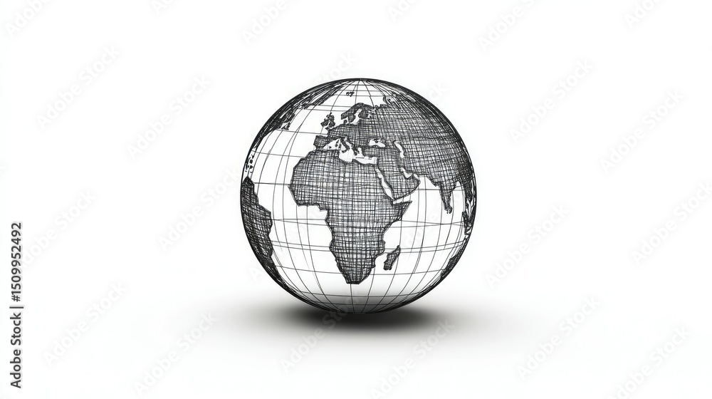 Poster detailed illustration of a world map globe with grid lines representing continents and oceans in bla