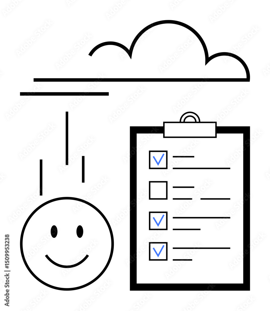 Poster happy face falling from cloud toward checklist with marked tasks. ideal for productivity, workflow, 