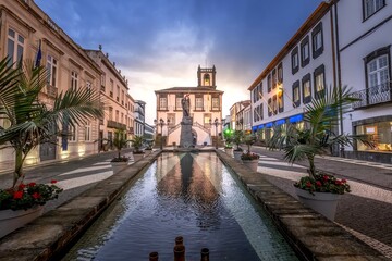 Fototapeta premium Ponta Delgada - Azores - 02-12-2025: Ponta Delgada City Hall, Azores, Portugal. Ponta Delgada city hall with bell tower in the capital of the Azores. Portugal, Sao Miguel