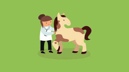 Veterinarian and little horse. Vector illustration in flat style.