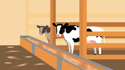 Illustration of cows in a farm, vector illustration in flat style
