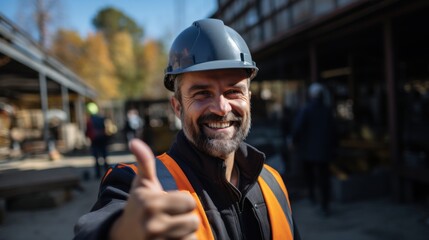Fototapeta premium Construction worker celebrating success at job site outdoor environment smiling portrait professional setting