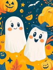 Obraz premium a cute and funny Halloween-themed design. In the center of the design, feature two adorable ghosts with happy and playful expressions.
