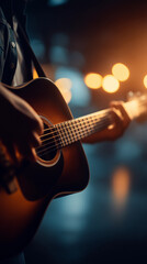 Close-up of Musician's Hands Playing Acoustic Guitar in Studio
