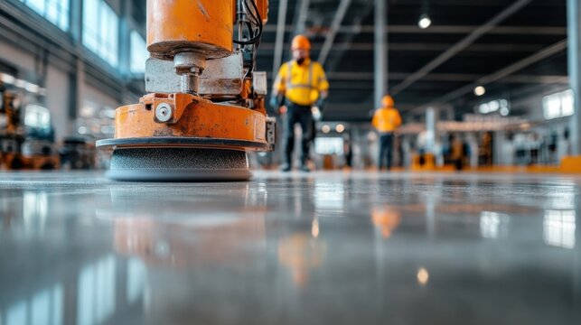 Industrial floor polishing action warehouse location construction content type bright environment ground viewpoint efficient process concept