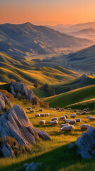A serene countryside scene with rolling hills and grazing sheep