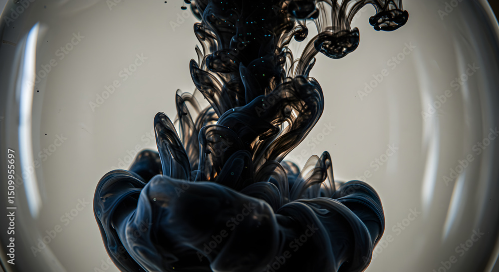 Poster abstract composition with inky fluid dynamics inside glass container