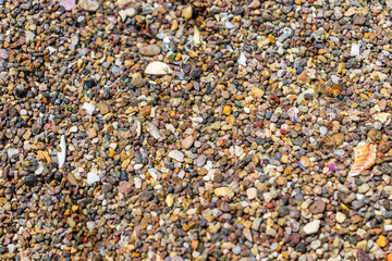 Beautiful texture of coarse beach sand. Beach-themed background image. Wet beach sand of large fraction.