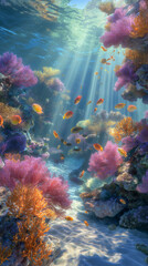 Vibrant Underwater Coral Reef Scene with Tropical Fish and Sunlight