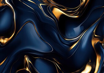 Abstract design with fluid, dark blue and gold tones.
