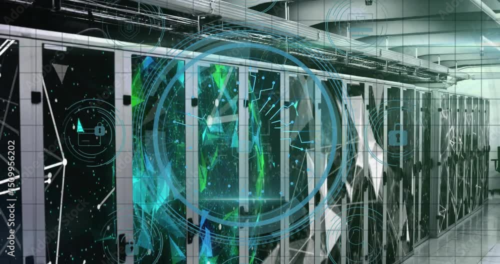 Poster cyber security fading in initiating hud expanding, scanning server racks, securing data