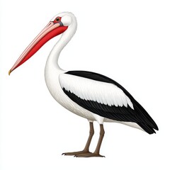 Fototapeta premium Detailed Pelican Illustration White and Black Plumage, Red Beak