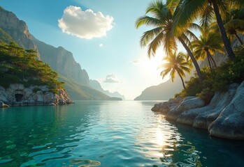 Fototapeta premium Sunny Lake with palm trees during spotlight