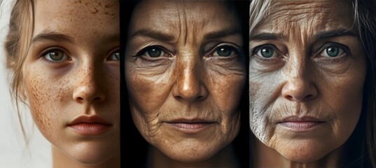 Obraz premium Triptych Of A Woman s Face At Different Ages, Showcasing Aging From Young Skin To Senior Years.