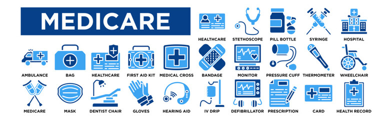 Medicare icon collection set. Healthcare Card, Stethoscope, Pill Bottle, Syringe, Hospital Building