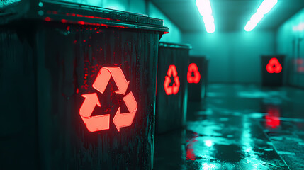 Recycling bins with glowing recycle symbols in a wet, neon-lit hallway, highlighting environmental awareness and waste management.