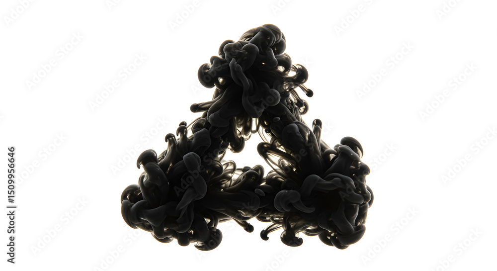Poster Ethereal Black Ink Cloud Formation in Triangular Configuration on White Backdrop
