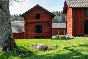 A typically red wooden house and barn in a Swedish summer landscape