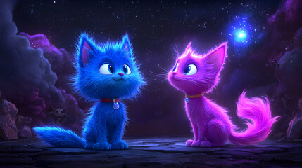 Two Fluffy Kittens Gaze at a Bright Star in a Night Sky