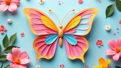 Vibrant Paper Butterfly Art Amidst Delicate Floral Surroundings, a Stunning Springtime Composition