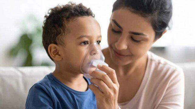 Pediatric child receives home care with breathing treatment as caring adult supports calm health routine and gentle attention for effective care