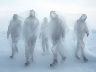 Obraz premium in Antarctica with ghostly transparent human figures made out of chicken wire, double exposure, trippy aesthetic,