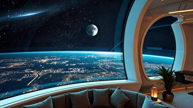 Futuristic Space Building with Stunning Earth View. Surreal futuristic architecture