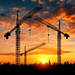 Silhouetted Construction Cranes at Sunset Over Cityscape